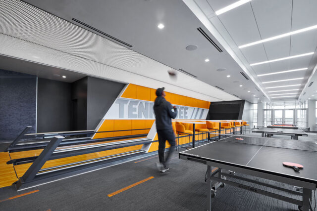 🍊🏈 With the Orange & White Game tomorrow, Big Orange energy is already building—on and off the field.
 
This phase of the Haslam Field Expansion highlights spaces designed to support athletes beyond performance—starting with connection and downtime. The player’s lounge blends focus and fun with dedicated study areas, a two-lane bowling alley, and an immersive gaming zone.
 
Thoughtfully curated furnishings by @lauderdaledesigngroup, @workspaceinteriors and @noitennessee create a comfortable, flexible environment that supports both productivity and relaxation.
 
Every detail is designed to foster community, balance, and the full student-athlete experience.
 
#GBO #Vols #RockyTop #TennesseeFootball #JAINC #SportsArchitecture #AthleticFacilities #DesignExcellence #StudentAthleteLife #AthleteExperience #TeamCulture #RecruitingEdge #AmenitySpaces #InteriorArchitecture #HospitalityDesign #CampusDesign
 
🔗 Explore the full project at the link in bio.
 
Design Team: @jainc1994 @theslamcollaborative 
Acoustical Wall Treatment: @airspaceacoustics
Graphics: @lsigraphics
Bowling: @qubicaamfbowling
Furniture: @lauderdaledesigngroup, @workspaceinteriors, @noitennessee
Lighting: @fsalighting 
 
📸: @danielbrownphoto